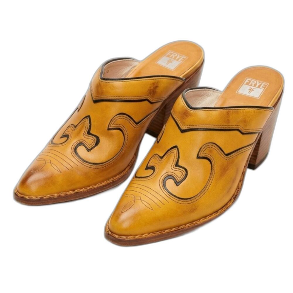 Vintage Frye Phoenix Western Leather Mules Yellow Size 10
